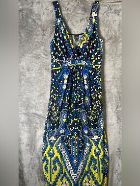 Covington Blue, Yellow & White Printed V-Neck Maxi Dress